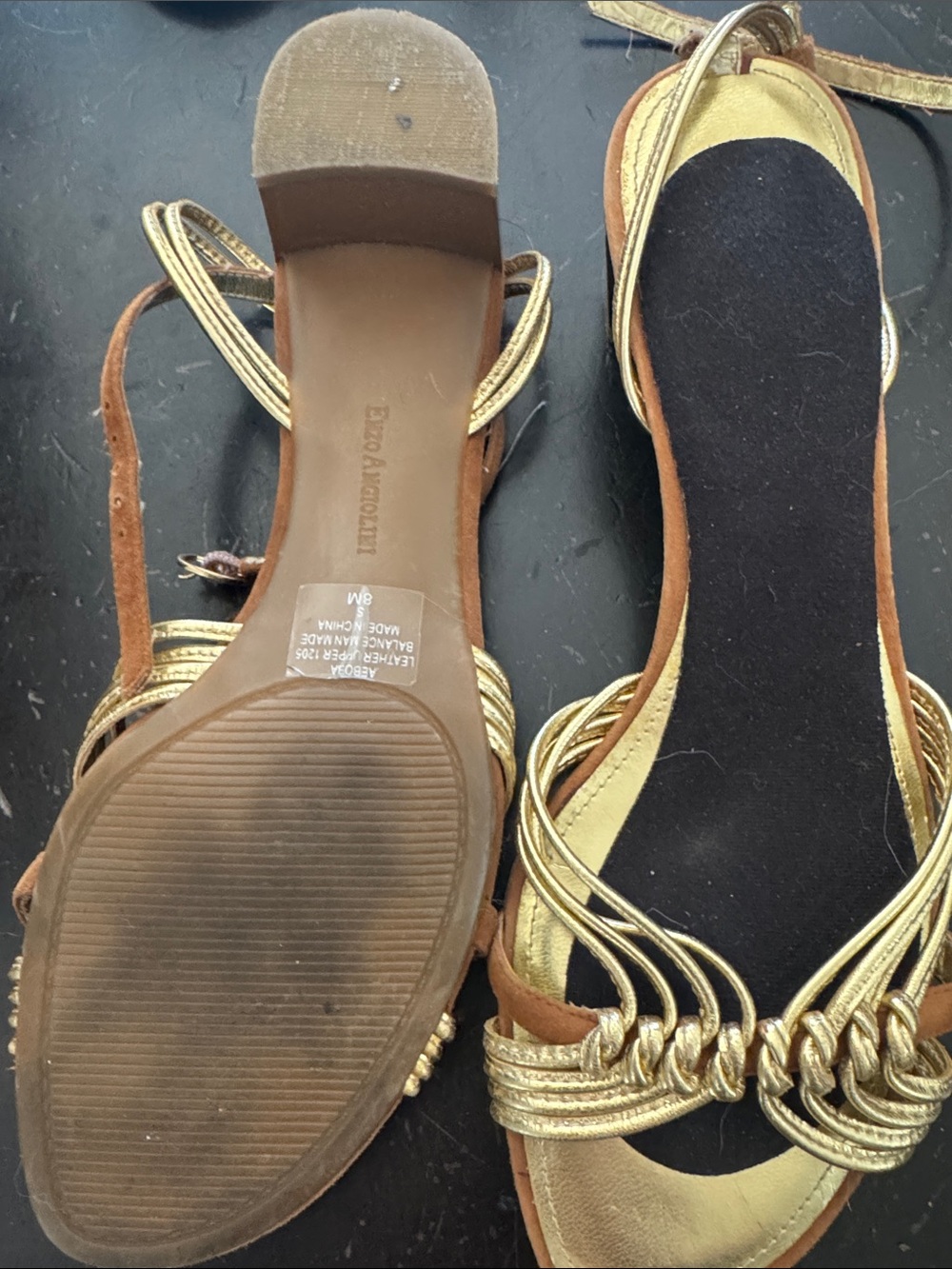 Enzo Angiolini Gold and Brown Braided-Strap Flat Sandals